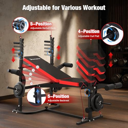 6-in-1 Foldable Weight Bench Set, 1695LBS Adjustable Workout Bench/Barbell Rack/Curl Pad, Bench Press, Leg Extension and Curl machine, Workout Fitness Equipment w/Squat Rack for Home Gym