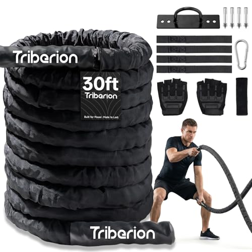 Battle Rope for Home Gym Workout - 1.5 Inch 30ft Heavy Weighted Training Exercise Ropes Fitness Equipment with Sleeve and Anchor Strap Kit for Outdoor Working Out - color: Black, size: 1.5 Inch x 30 FT