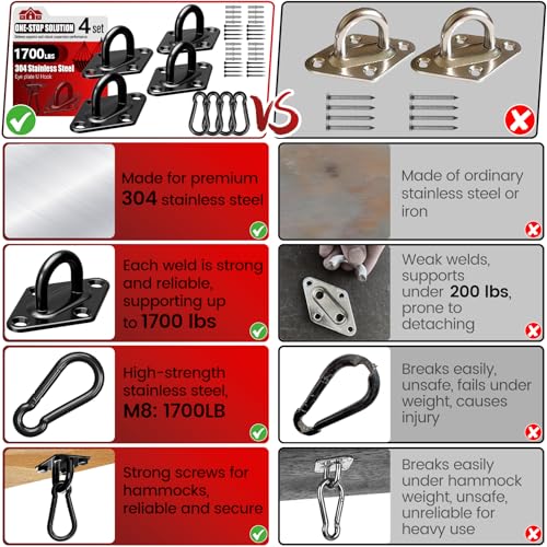 sprookber 304 Stainless Steel Pad Eye Snap Hook,M10 Ceiling Hook 1700Lb,8Pc - size: 4 Inch, style: Black Rhombus