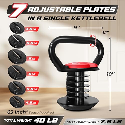 Yes4All Adjustable Kettlebell Set, 20–40 LB Weight Set, Solid Cast Iron Handle with Spacer Disks & Secure Lock, Space-Saving Kettlebell for Home Gym Strength Training, Black