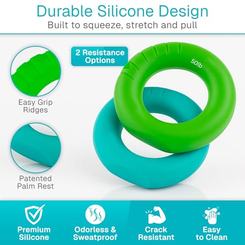 Vive Hand Strengthener Grip Ring - Forearm Ring Hand Exercisers - Silicone Squeezer Gripper for Muscle Strengthening Training Tool - Arthritis Finger Physical Therapy PT Kit Trainer (Textured 2 Pack)