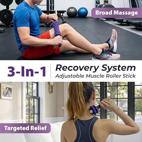 3-in-1 Muscle Roller Stick, Manual Massage Tool with 8 Adjustable Gears & POM Core, Customizable Deep Tissue Relief for Neck, Back, and Calves, Portable Post-Workout Recovery (Purple)