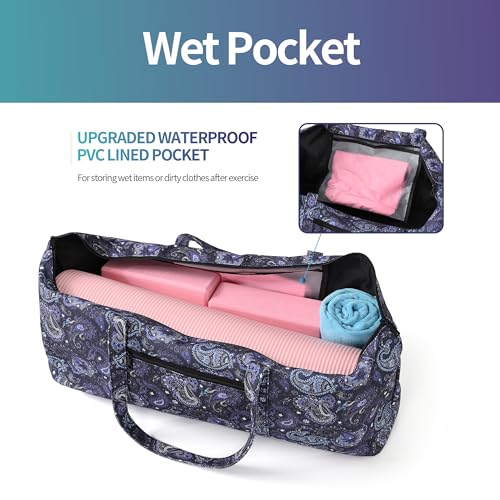 | Yoga Mat Bag | Large Yoga Mat Carrier with Wet Pocket | Yoga Gifts | Gym Tote Bag for Women - color: Tote-Blue Cashew Flower