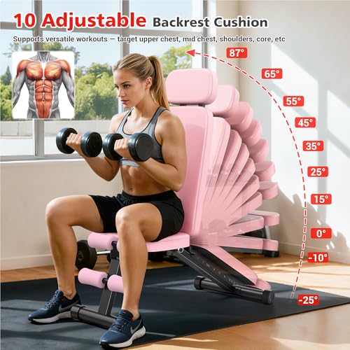 XDDIAS Workout Bench, 10 Backrests Adjustable Weight Bench with Extended Headrest, 800LBS Foldable Weight Bench for Home Gym, Incline Decline Flat Bench Compact for Small Space Training - color: Pink