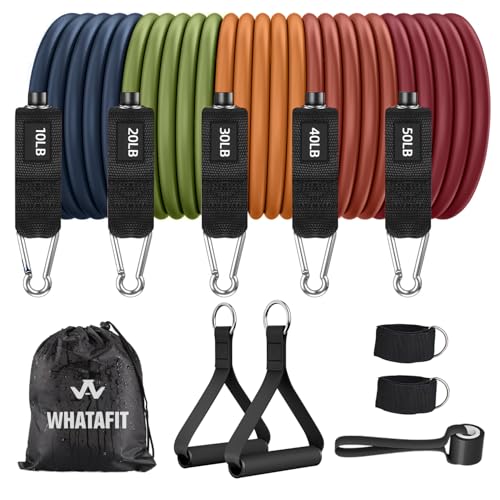 WHATAFIT Resistance Bands, Exercise Bands, Workout Bands with Handles, Door Anchor and Ankle Straps, 5 Resistance Levels Fitness Bands for Strength Training, Physical Therapy, and Home Gym Equipment - color: Orange Red