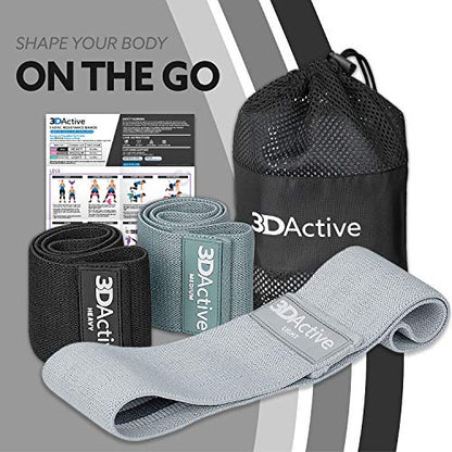 3DActive Fabric Resistance Bands for Legs & Butt. Wide Non-Slip Hip Band Set for Home & Gym Workouts. Exercise Guide & Carry Bag Included. - color: Black, Dark Grey, Light Grey