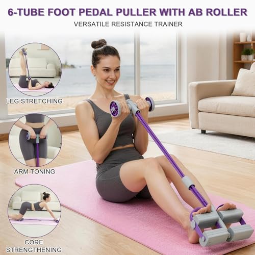 6-Tube Pedal Resistance Bands with Handles & Ab Roller, 2-in-1 Foot Pedal Puller, Home Gym Workout Equipment for Core Training, Full Body Exercise for Arm, Leg, Waist, Back