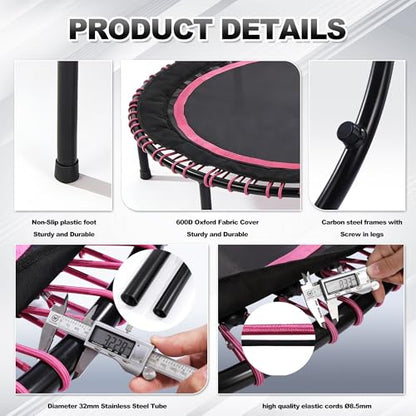 40"/48" Fitness Rebounder Trampoline with 4-Level Adjustable Foam Handle, Quiet and Stable Exercise Trampoline for Kids Adults, Indoor/Outdoor Mini Trampoline - color: Pink