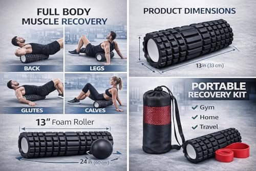 3-IN-1FOAM Roller Set for Muscle Massage, DEEP Tissue Roller, Massage Ball, Resistance Band, & Carry Bag.