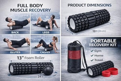 3-IN-1FOAM Roller Set for Muscle Massage, DEEP Tissue Roller, Massage Ball, Resistance Band, & Carry Bag.