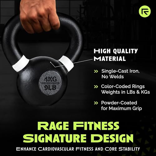 Rage Fitness Single Cast Iron Kettlebell | Powder Coated - Wide Handle Weights for Core & Glute Workouts; Swings, Squats, Deadlifts; Strength, Endurance & Flexibility for Men & Women - size: 4 KG