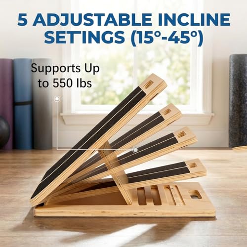 Premium Wooden Slant Board, Adjustable Calf Stretcher & Squat Wedge with 5 Incline Angles, Anti-Slip Surface, Supports 550 lbs, Plantar Fasciitis Relief Tool for Home Gym & Office