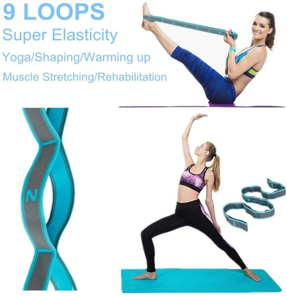 Stretch Bands for Exercise - Elastic Yoga Stretching Strap with 9 Loops for Flexibility, Pilates, Physical Therapy, Ballet & Gymnastics - Multi-Loop Leg Strap