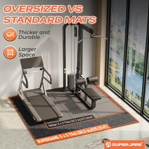 SUPERJARE 30" x 30" Larger Rubber Top Exercise Equipment Mats, 0.56" Thick 9PCS 56.3 Sq Ft High-Density EVA Foam Interlocking Gym Flooring, Big Workout Mat for Home Gym, Floor Protection, Black/Grey