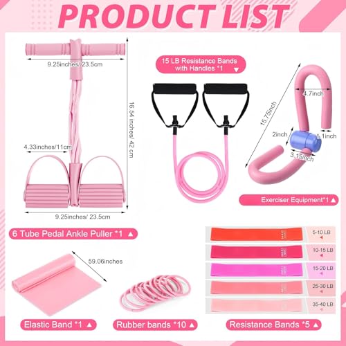 17 Pcs Home Pilates Kit with Resistance Bands 6 Tube Pedal Puller Resistance Band Set for Women Weight Loss Leg Training Workout Equipment Gym Exercise Equipment Beginners Yoga - color: Pink