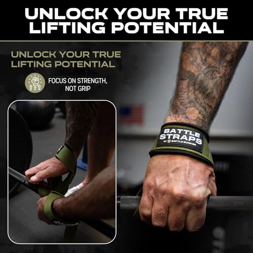 Battle Bunker Lifting Straps for Weightlifting – Padded Wrist Straps for Deadlifts & Pull-Ups – Reduce Wrist Pain, Improve Grip Strength & Lift Heavier – Gym Straps for Strength Training - color: OD Green