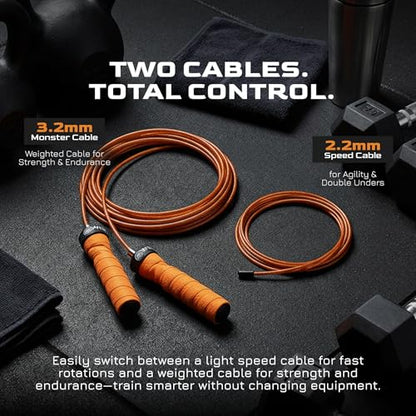 WOD Nation Attack Speed Jump Rope Adjustable Dual-Cable Skipping Rope for Men, Speed & Weighted Options, Fast Fold-Over Adjustment Durable Adult Boxing Rope for Fitness, Cardio Home Gym & Cross Training - color: Orange