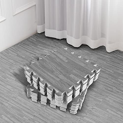 Patelai 32 Pcs Interlocking Foam Mats, 11.8 x 11.8 Inch Wood Grain Foam Floor Tiles, EVA Puzzle Play Mat for Kids Playroom, Nursery, Home Gym, Bedroom, Grey