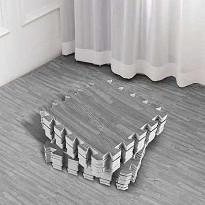Patelai 32 Pcs Interlocking Foam Mats, 11.8 x 11.8 Inch Wood Grain Foam Floor Tiles, EVA Puzzle Play Mat for Kids Playroom, Nursery, Home Gym, Bedroom, Grey