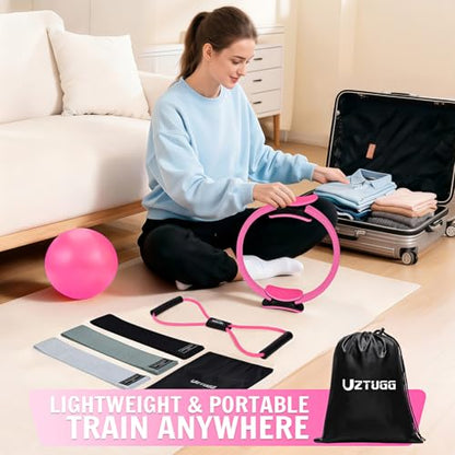 UZTUGG Pilates Kit for Women, Pilates Equipment with Pilates Ring and Ball Set, Fabric Resistance Bands, Figure 8 Resistance Band, Home Gym Equipment for Full-Body Workouts, Yoga & Physical Therapy - color: pink pilates kit