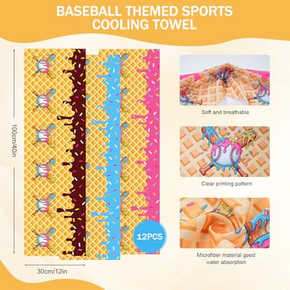 12 Pcs Ice Cream Drip Baseball Cooling Towels, 40" X 12" Microfiber Chilly Sports Towels, Breathable Sweat Absorbent Rags for Hot Weather Workout Yoga Gym Coach, Ideal Team Gifts & Party Favors
