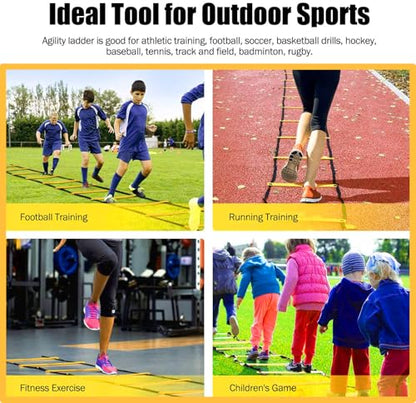 Agility Ladder Set 20ft, 4 Hurdles, 12 Soccer Cones, Jump Rope & Running Parachute - Speed Agility Training Equipment for Soccer Fitness Kids Youth Adults - color: Yellow