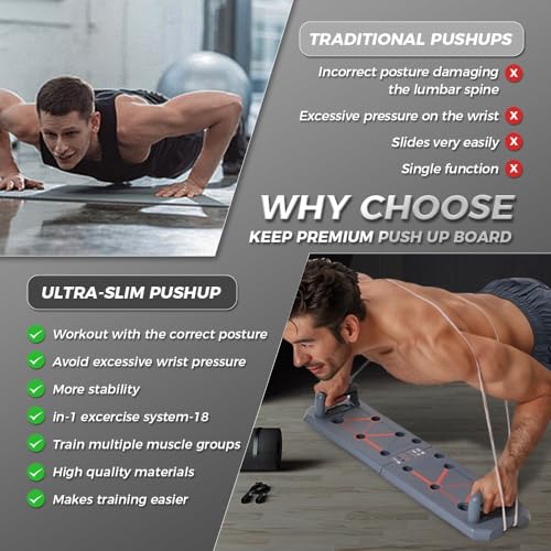KEEP Push Up Board, 18-in-1 Foldable Pushup Bar for Men & Women, Portable Home Gym Equipment for Chest, Triceps, Shoulder & Back Workout, Heavy-Duty ABS Muscle Strength Training System (Grey)