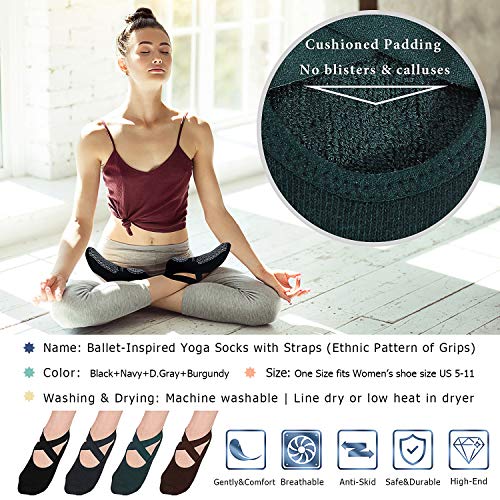 Ozaiic Pilates Socks for Women Non Slip Grip Yoga Barefoot Indoor Workout - color: 4p-coffee/Green/Black/Gray