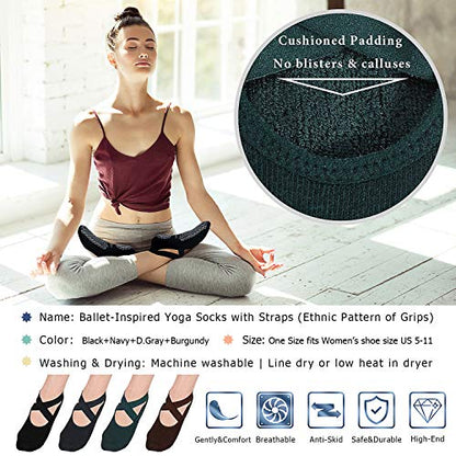 Ozaiic Pilates Socks for Women Non Slip Grip Yoga Barefoot Indoor Workout - color: 4p-coffee/Green/Black/Gray