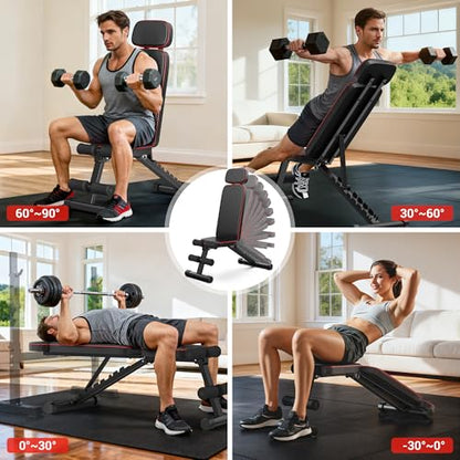 XDDIAS Workout Bench, 10 Backrests Adjustable Weight Bench with Extended Headrest, 800LBS Foldable Weight Bench for Home Gym, Incline Decline Flat Bench Compact for Small Space Training - color: Black