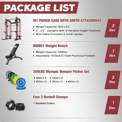 RitFit M1 Pro Smith Machine with Cable Crossover System, Multi-Function Squat Rack Power Cage for Home Gym, Power Rack and Packages - color: RED, size: M1 (With CP260)