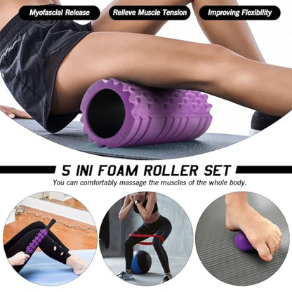 JOYENERGY 5 in 1 Foam Roller Set, Trigger Point Foam Roller Patented, Massage Roller Stick, Massage Ball, Stretching Strap for Deep Tissue Massager for Muscle Pilates Yoga Whole Body