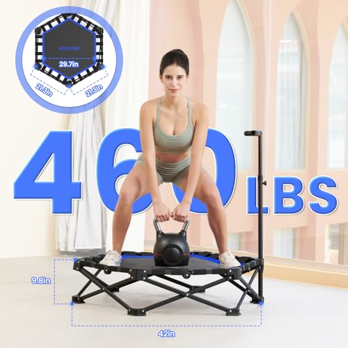Foldable Mini Trampoline, 42'' Rebounder Trampoline with Adjustable Foam Handle, Fitness Trampoline for Indoor, Outdoor, Home Gym,Max Load 460lbs - color: Blue