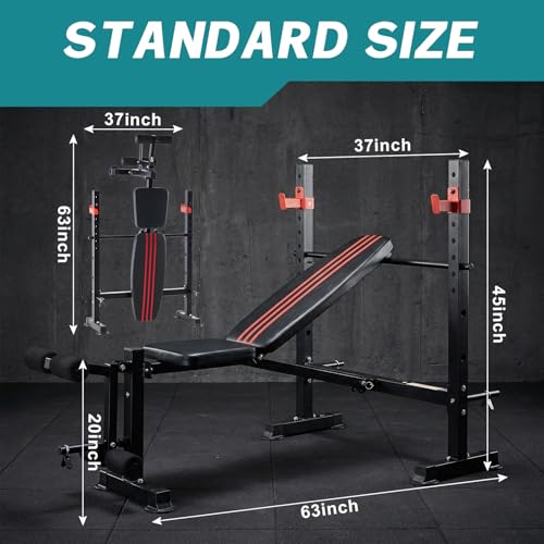 DUMOS Adjustable Weight Bench Set with Rack, 650LBS Foldable Bench Press - color: RED, size: 62''*37''*45''