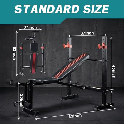 DUMOS Adjustable Weight Bench Set with Rack, 650LBS Foldable Bench Press - color: RED, size: 62''*37''*45''