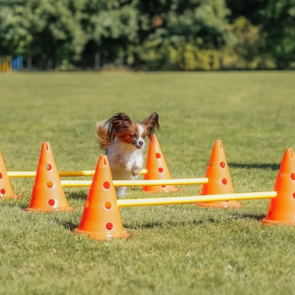 TRIXIE Dog Agility Hurdle Cone Set – Jump Set with Height Adjustable Crossbar for Beginners to Advanced, Training Equipment for Dogs – 6 x Cones, 3 x Agility Rods