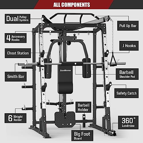 SunHome Smith Machine, Power Cage Squat Rack with Smith Bar, LAT Pull-Down Systems, Cable Crossover Machine and Cable Attachment for Home Gym