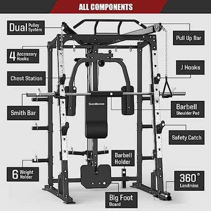 SunHome Smith Machine, Power Cage Squat Rack with Smith Bar, LAT Pull-Down Systems, Cable Crossover Machine and Cable Attachment for Home Gym