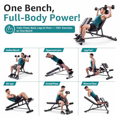 OLIXIS Adjustable Weight Bench, 660 LBS Foldable Workout Bench Press | Heavy Duty Chest Press Machine with Hyper Back Extension & 2 Wheels, for Flat Incline Decline Sit Up for Home Gym - color: Black