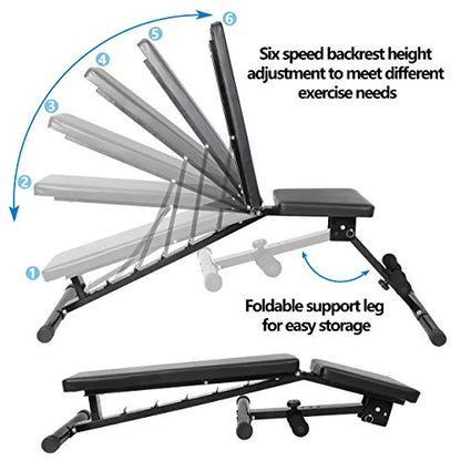 ZENY Adjustable Weight Bench, Workout Bench for Full Body, Foldable Strength Training Bench 6 Backrest Positions Exercise Bench for Home Gym, Max Weight 700 LB