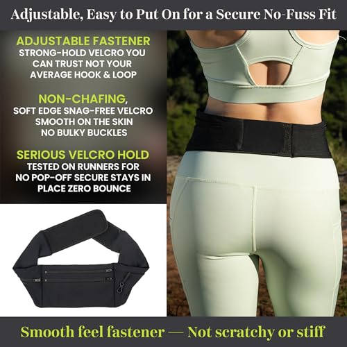 Low-profile Running Belt with Water Bottle Pocket – Adjustable No-Bounce Travel Money Belt and Fanny Pack with 3 Zippered Pockets & Key Clip - Fits Any Size Phone, Passport & More - size: Medium