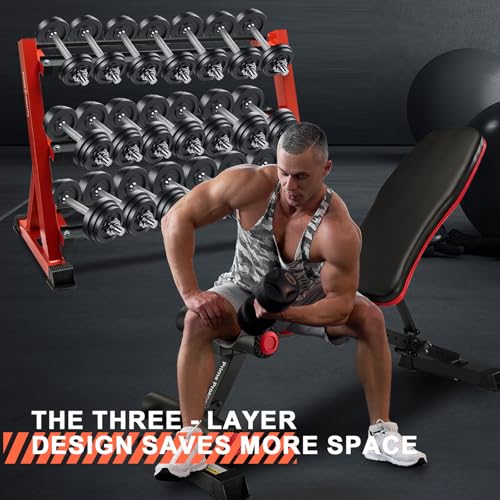 Dumbbell Rack 3 Tier Heavy Duty Weight Organizer Dumbbell Storage Stand Holder 1100lbs Capacity Quick Assembly Dumbbell Weight Storage Rack For Home Gym, Red (Rack Only)