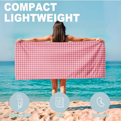Microfiber Beach Towel Sand Free Quick Dry Oversized Pink and White Gingham Pattern for Adults Travel Pool Swim Retro Aesthetic Lightweight Compact 71 x 32 Inches 1 Pcs - color: Plaid
