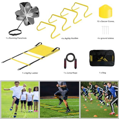 Agility Ladder Set 20ft, 4 Hurdles, 12 Soccer Cones, Jump Rope & Running Parachute - Speed Agility Training Equipment for Soccer Fitness Kids Youth Adults - color: Yellow