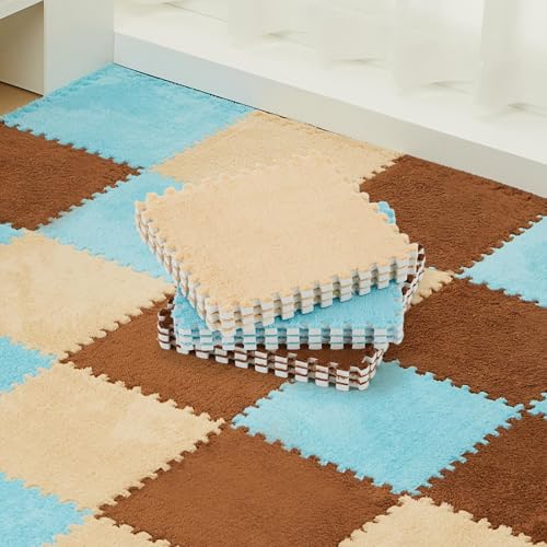 36 Pack Plush Foam Floor Mat Square Interlocking Carpet Tiles with Border Fluffy Play Mat Floor Tiles Soft Climbing Rugs for Bedroom Playroom, 12 x 12 x 0.4 in(Beige, Coffee, Dark Blue) - color: Beige, Coffee, Dark Blue