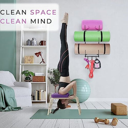 Yes4All 3-Tier and 5-Tier Steel Yoga Mat Rack Organizer Wall Mount with 3 Hooks, Foam Roller Holder Wall Mount Rack For Yoga Mat Storage, Hanging Yoga Strap and Resistance Bands