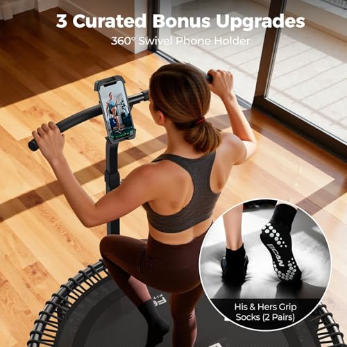 BCAN BT4 38/40/48" Soft Land Pro Adult Bungee Rebounder Trampoline, 500lb Capacity, Adjustable Tension Bungees, One-Piece Frame, Quiet Indoor Cardio w/Handle,Phone Holder & 2 Pairs Socks| FED Fitness