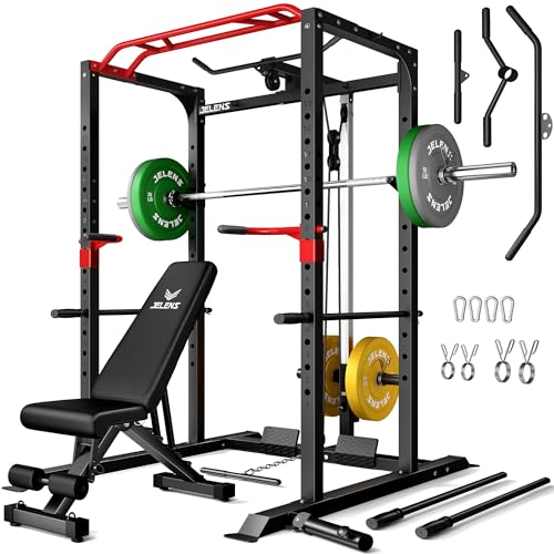 S11 Power Cage, 2000LB Multi-Function Power Rack with LAT Pulldown, Squat Rack with Adjustable Pulley System and Training Attachments, Weight Rack for Home Gym - style: 140LB Colored Weights Package