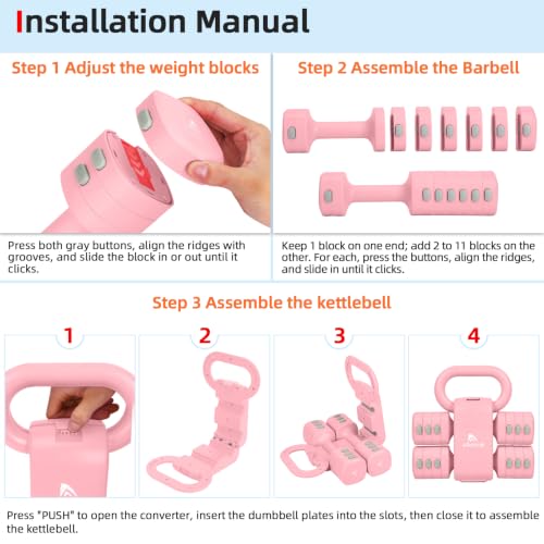 Abahub 2 in 1 Kettlebell & Dumbbell Set, Adjustable Dumbbell for Home Gym - color: Pink