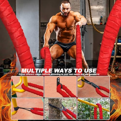 Battle Ropes for Home Gym Exercise - 1.5 Inch Diameter 30FT Red Battle Rope Workout Exercise Training Ropes with Protective Sleeve for Kids Men Women Exercise Fitness & Strength Training